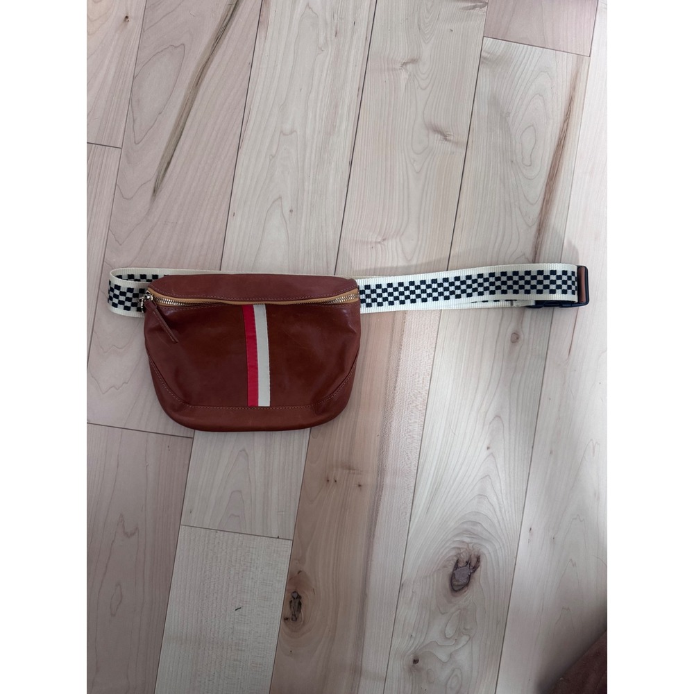 Clare V x Mother Leather Fanny Pack Brown Racing Stripe Checkered Strap Belt Bag
